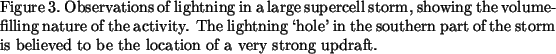 \begin{spacing}{1} \noindent Figure 3.\ Observations of lightning in a
large sup...
...the storm is believed to
be the location of a very strong updraft.
\end{spacing}